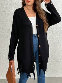 SHEIN LUNE Plus Size Black Solid Color Front Button Ripped Fringe Trim Casual Long Sleeve Knit Cardigan