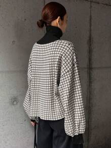 FRIFUL Women's Autumn Baggy Drop Shoulder Long Sleeve Plaid Knitted Sweater