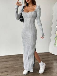 INAWLY Women Sexy Backless Fitted Split Hem Dress, Autumn Fall Cloth For Women - Grey - View 6