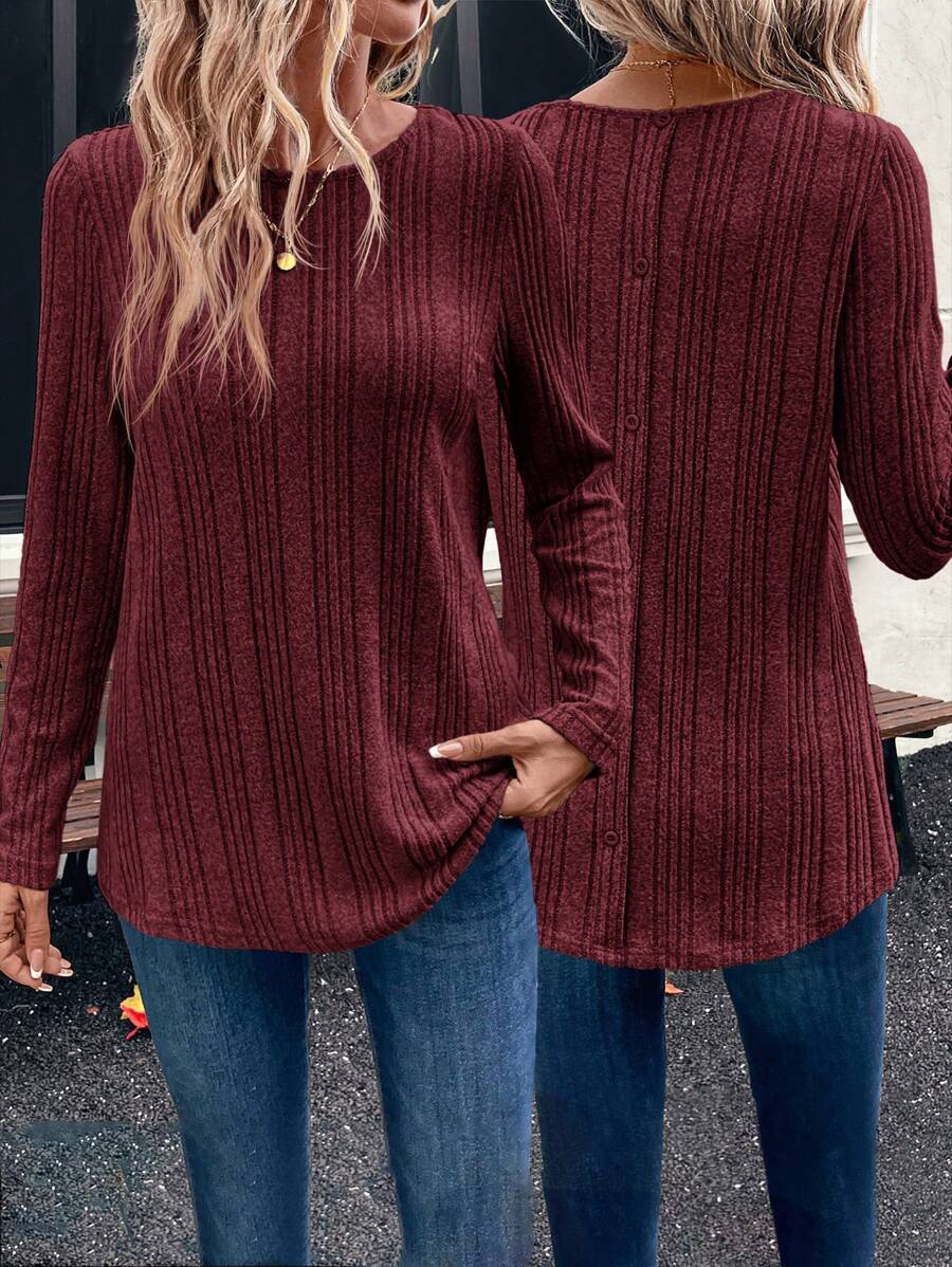 EMERY ROSE 女式纯色圆领长袖罗纹休闲 T 恤，秋季 - 酒紅色 - 查看 1