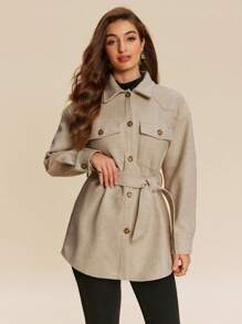 Chiquease 女士休闲翻盖口袋短款系带夹克，韩版高端秋冬 - 杏色 - 查看 5