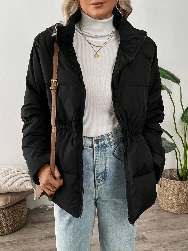 Women's Solid Color Zip-Up Hooded Jacket, Casual Wear For Winter