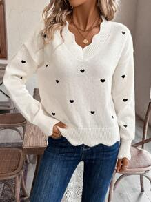 EMERY ROSE Women's Casual Heart Pattern V-Neck Drop Shoulder Long Sleeve Sweater, Autumn/Winter - Apricot - View 4