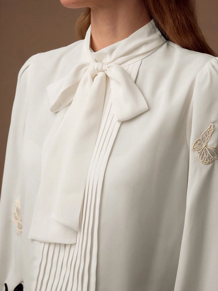 MOTF PREMIUM BUTTERFLY EMBROIDERY TIE NECK BLOUSE - White - View 2