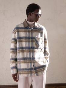 AKNOTIC Business Casual 圣诞节男士梭织撞色格子宽松休闲翻领落肩长袖纽扣前开衫，适合秋季、日常、新年、圣诞节，带有拼布领子和口袋，适合秋冬 - 藍色 - 查看 4