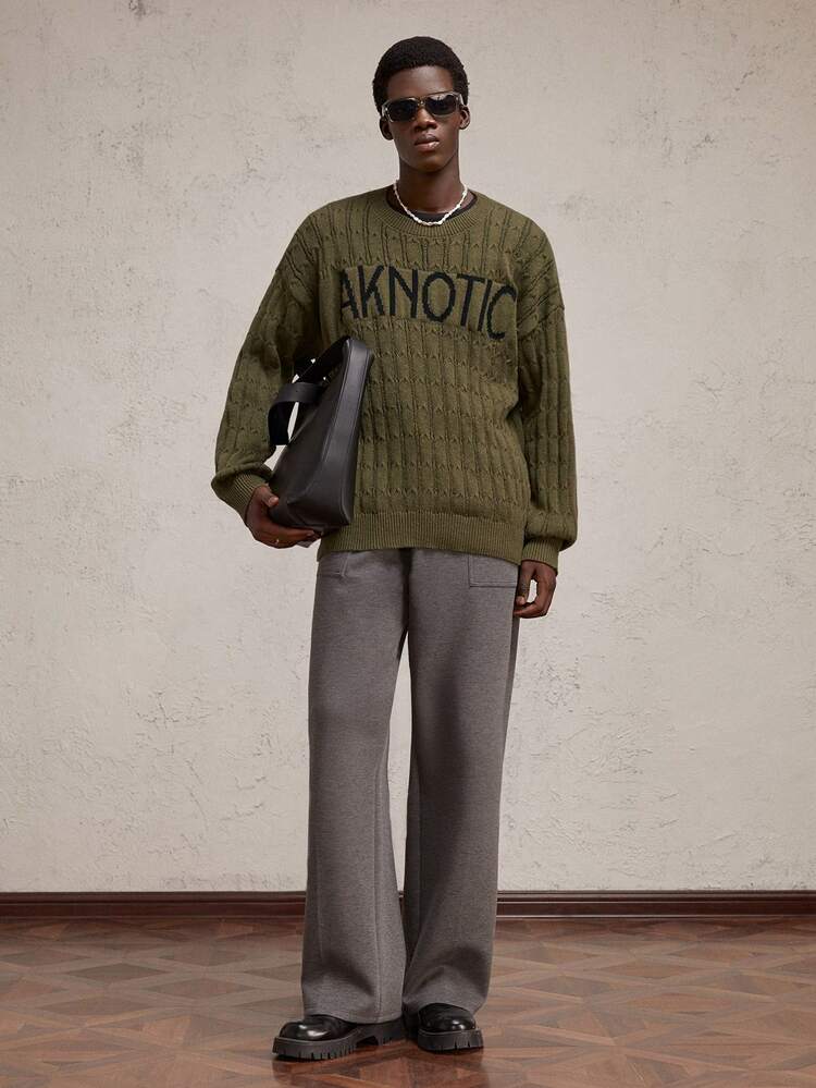 Men's Casual Embroidered Letter Crew Neck Drop Shoulder Knitted Sweater, Suitable For Autumn & Winter