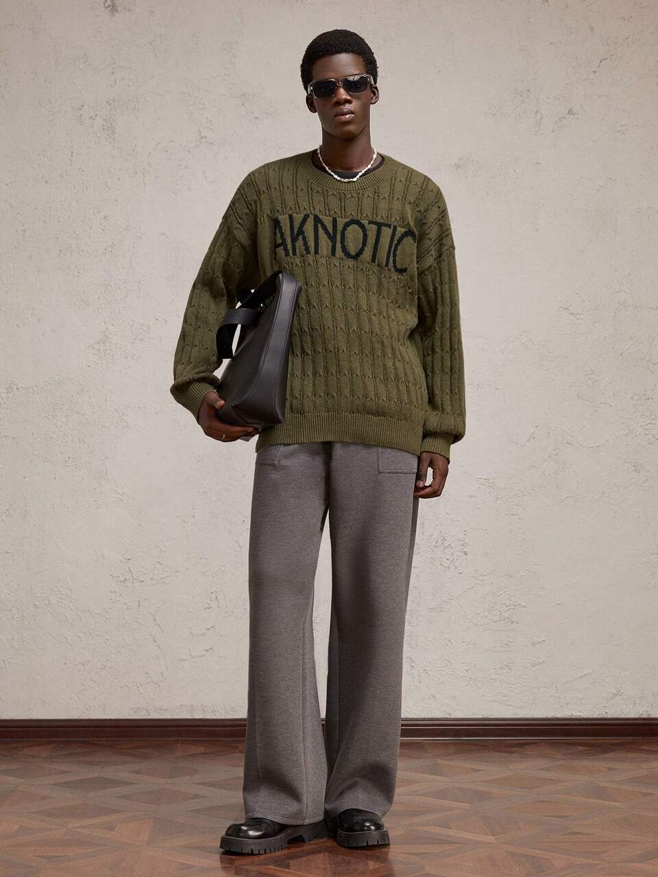 Men's Casual Embroidered Letter Crew Neck Drop Shoulder Knitted Sweater, Suitable For Autumn & Winter