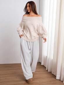 SHEIN Unity 女士优雅纯色仿珍珠串珠装饰露肩毛衣，适合秋冬季 - 杏色 - 查看 4