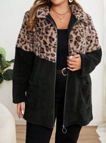 EMERY ROSE Plus Size Leopard Print Patchwork Fluffy Jacket Teddy Coat, Autumn/Winter