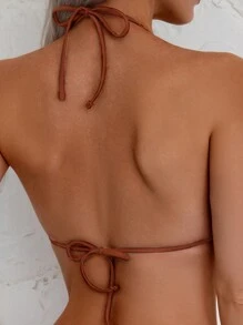 SHEIN Swim Conjunto de bikini de mujer con tirantes finos y cuello halter brillante de unicolor, para playa y resort de verano