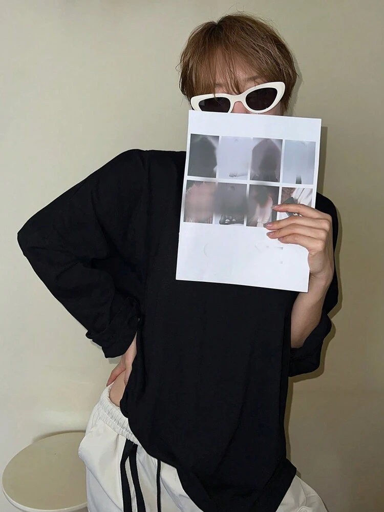 1pc Women Solid Color Round Neck Long Sleeve Casual Loose T-Shirt, Autumn