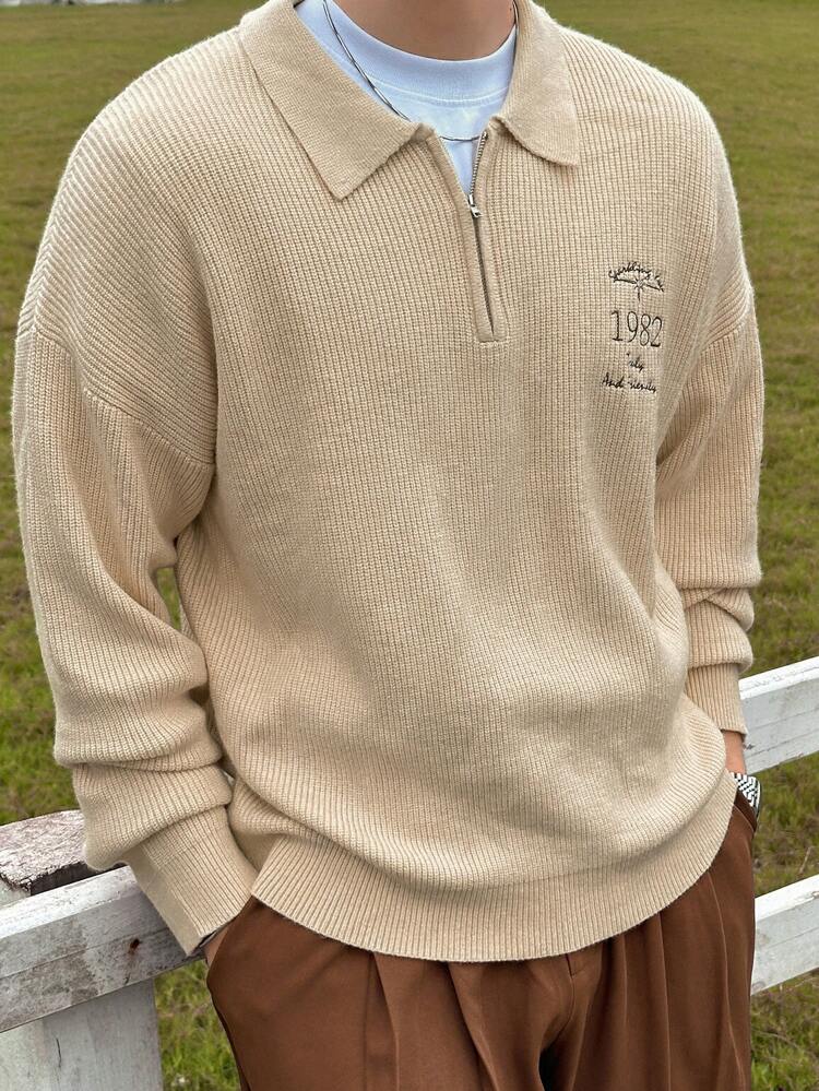 Autumn Men's Khaki Sweater With Letter Embroidery Quarter Zip Men