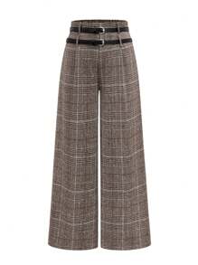 SHEIN Clasi Plus Size Elegant Casual Plaid Wide Leg Pants, For Autumn/Winter Fall Cloth For Women