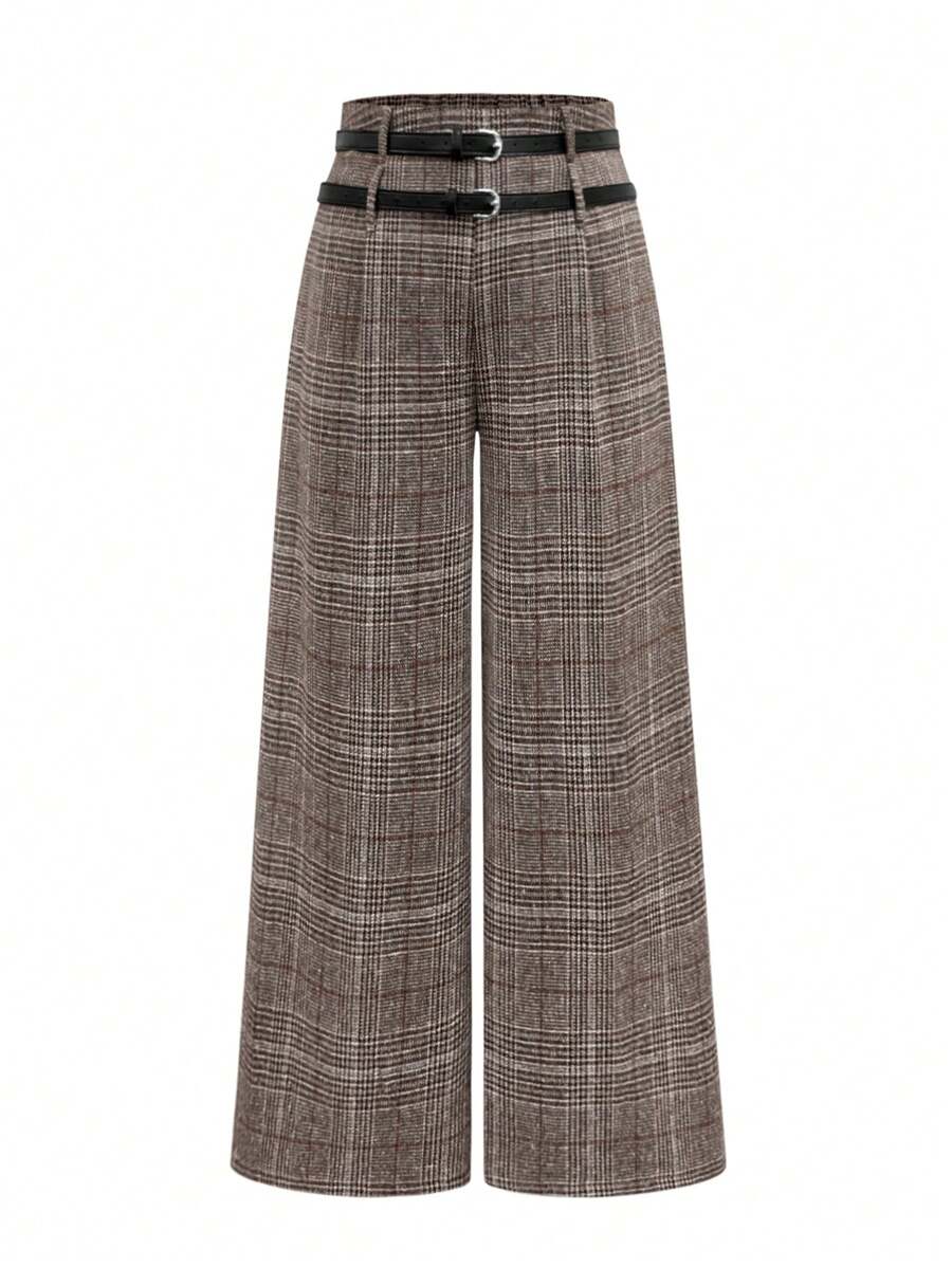 SHEIN Clasi Plus Size Elegant Casual Plaid Wide Leg Pants, For Autumn/Winter Fall Cloth For Women