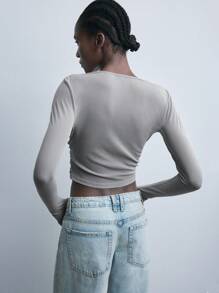 Maija 新款秋冬优雅灰色长袖女式针织网眼 V 领上衣，时尚派对和休闲日常穿着 - 灰色 - 查看 5