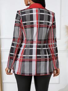 SHEIN Lady Women's Autumn Plaid Patchwork Colorblock Lapel Double Breasted Casual Regular Jacket