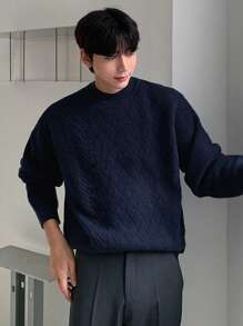 DAZY 男士纯色圆领长袖基本款毛衣，秋季休闲装 - 藏蓝色 - 查看 8
