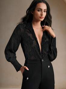 Anewsta 女士优雅迷人微透明提花图案高领衬衫 - 黑色 - 查看 3