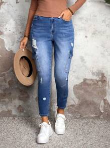 SHEIN SXY Plus Size Women Casual Utility Pocket Distressed Skinny Jeans