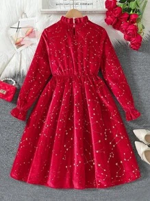 Glamorique Kids Tween 女童秋冬立领荷叶边蝴蝶结装饰金属星闪亮舞台舞蹈表演正式舞会红色连衣裙，配有松紧腰灯笼袖，迷人而独特的面料，适合儿童圣诞节 - 紅色 - 查看 2