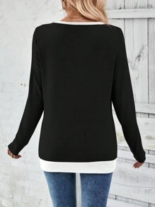 SHEIN LUNE Camiseta casual de manga larga con cuello en V y bloqueo de color para mujer, blusas gráficas para mujer para atuendos de primavera