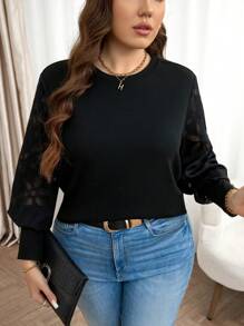 SHEIN LUNE Plus Size Women Solid Color Round Neck Long Sleeve Casual Top, Everyday Wear Top Negro Going Out Tops Thanksgiving Outfit Women New Years Women Outfit Winter Dresses Winter Clothes Women Rave Outfits