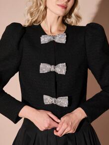 Enchnt Chaqueta de tweed de manga larga con lazo con strass brillantes negro, romántica para mujer, atuendo dulce y elegante para el Día de San Valentín, fiestas de Navidad, Año Nuevo, cumpleaños, vacaciones y citas románticas