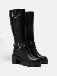 CUCCOO GRLICON Damen Y2K Punk Stil Overknee Stiefel, geeignet für Motorrad, coole Mädchen, Halloween, Weihnachten, Party Outfits - Schwarz - Übersicht 2