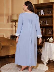 PalaceNights Plus Size Satin Ribbon Trim Square Neck Nightgown, Moo Moo Sleep Dress, Fall, Winter - Blue - View 2