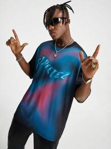 Manfinity VCAY Men's Knitted Gradient Letter Pattern Loose Drop Shoulder Round Neck Short Sleeve T-Shirt - Black - View 3