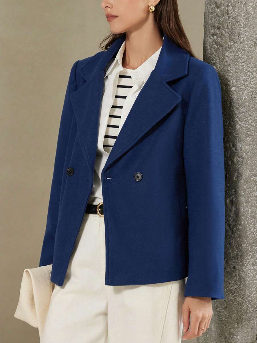 SHEIN Privé Minimalist Commuting Versatile Short Loose Blazer Style Long Sleeve Jacket With Elegant Look Fall Cloth For Women - Navy Blue - View 1