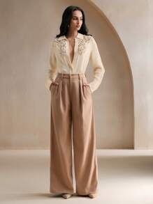 Anewsta 秋季杏色翻领长袖珍珠花卉蕾丝拼布镂空优雅衬衫女式衬衫 - 杏色 - 查看 5