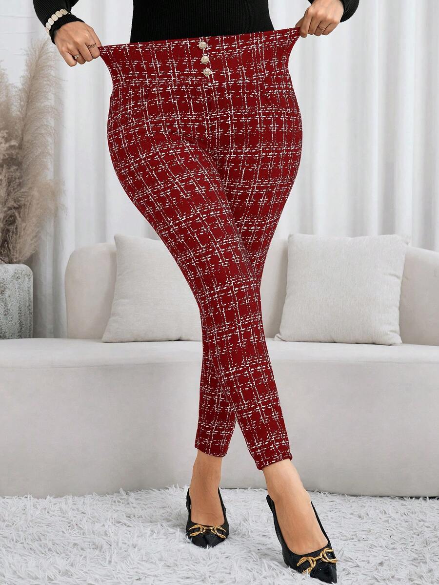 SHEIN Clasi Quần bó kẻ caro cổ điển cỡ lớn mùa thu có nút đàn hồi trang trí, cho quần legging giáng sinh cho nữquần legging mùa đông cho nữquần giáng sinh cho nữ - Màu Đỏ Sâu - Xem 1