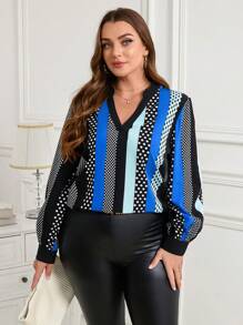 SHEIN Clasi Camisa de manga larga con estampado de lunares y parches, de estilo informal para tallas grandes, para otoño - Azul - Ver 4