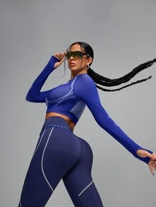 Innovista Seamless Top Women Long Sleeve Crop Tee, Thumbhole Sleeves, Breathable Mesh Panel, High Stretch Compression Fit, Quick Dry, Cobalt Blue | Gym Workout Running Yoga Pilates Layering |Gymtok Pilates Girl Athleisure - Royal Blue - View 7