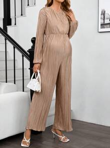 SHEIN Asymmetrical Neck Puff Sleeve Maternity Jumpsuit, Apricot Color - Khaki - View 6