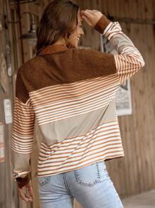 LanaWest Women Striped Color Block Fleece Patchwork Dropped Shoulder Button Flap Pocket Long Sleeve Jacket, Warm For Autumn/Winter Fall Cloth For Women - Multicolor - View 2