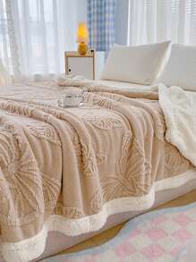 1pc Thickened Double-Layer Taffeta & Sherpa Fleece Blanket, Solid Color Jacquard Butterfly Flower Design, Multi-Purpose Couch Throw, Modern Minimalist Style, Soft & Warm For Bedroom, Sofa, Living Room, Washable In Winter