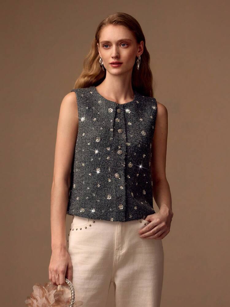 WOMEN WOOL BUTTON FRONT SEQUIN TANK TOP