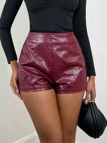 SHEIN BAE Women's Burgundy Solid Color Fashion Street Style Versatile Clothing, Leather/PU Vintage Texture High-Waisted Mini Shorts Suitable For Party,Sexy Mermaid Office Wear