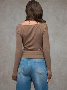 SHEIN BAE T-shirt décontracté simple pour femmes en cachemire beige confortable et sexy col en V à manches longues, pour une utilisation quotidienne et des sorties décontractées