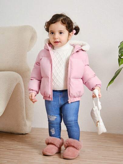 SHEIN Baby Girls Padded Coat, Pink, Cute & Versatile, Suitable For Autumn/Winter