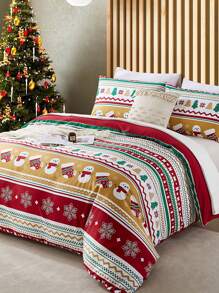Juego de ropa de cama con estampado de muñeco de nieve, árbol de Navidad y calcetín de Navidad en rojo y verde, en tamaño individual/doble/queen/king - Multicolor - Ver 7