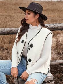 SHEIN VCAY Áo khoác vest ống tương phản không tay cỡ lớn cho nữ, thường ngày cho mùa thu/đông, trang phục phụ nữ phương Tây, trang phục đi nghỉ cho phụ nữ, phụ nữ phong cách quý tộc, phương Tây - trắng - Xem 6