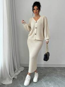 Elenzga 2pcs Set Casual Solid Color Lantern Sleeve Cardigan And Skirt, Autumn/Winter