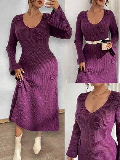 SHEIN Clasi 大码女士时尚修身中长款花卉图案针织毛衣裙，休闲，秋冬