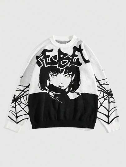 Anime Jersey de cuello redondo casual para hombres con diseño de telaraña y retrato para otoño/invierno