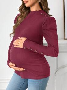 SHEIN Maternity Puff Sleeve Button Detail Black Fitted T-Shirt