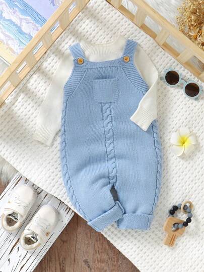 SHEIN Pelele de punto liso en verde claro casual para bebé niño con tirantes