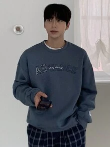 DAZY 1pc Men Navy Letter Print Fleece Pullover Sweatshirt, Autumn,Winter - Blue - View 5